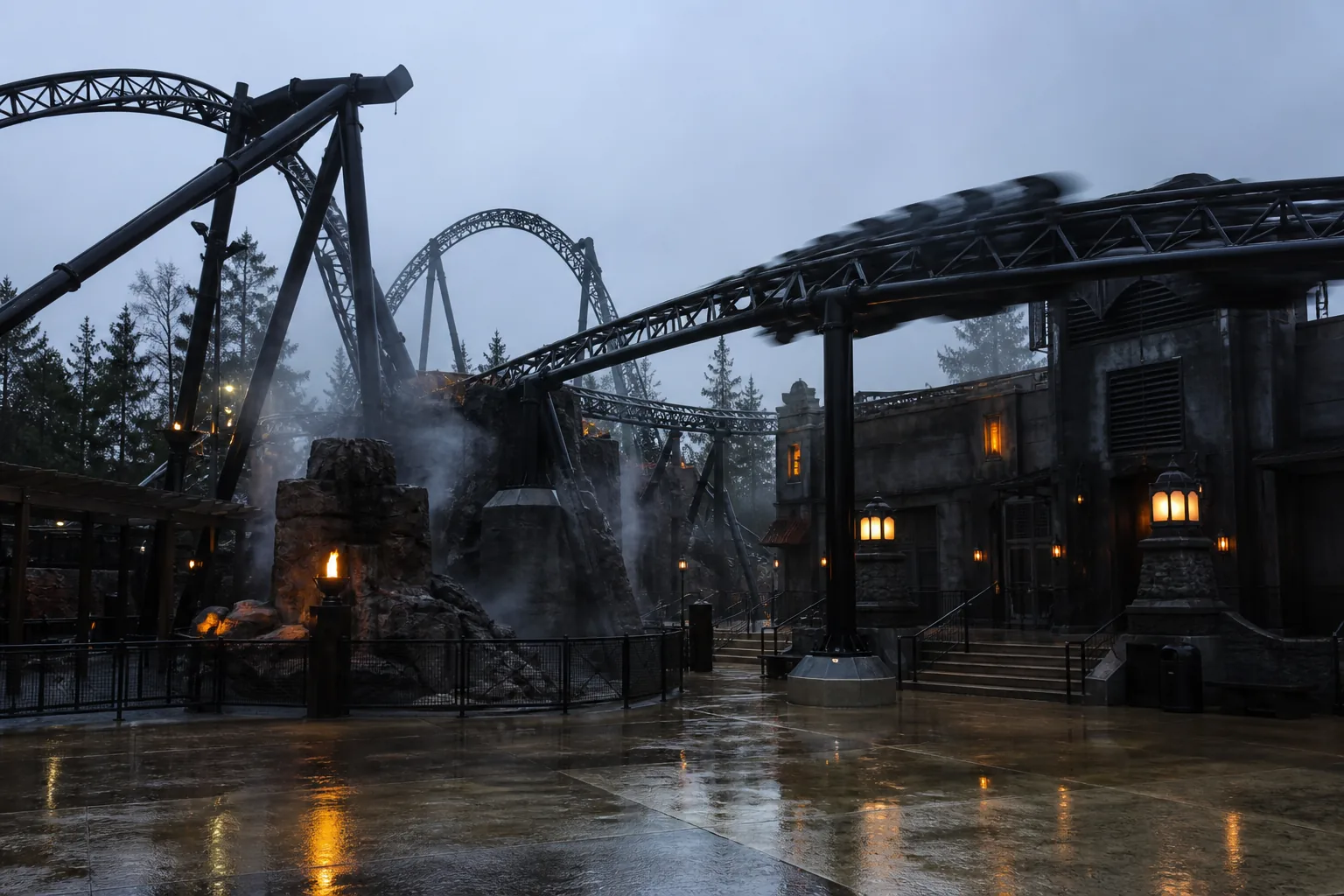 Thorpe Park paths between large rides